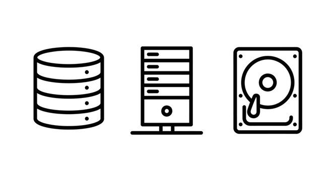 Database server and data storage technology icon set with database technology hardware computer infrastructure information computing management archiving connectivity equipment maintenance