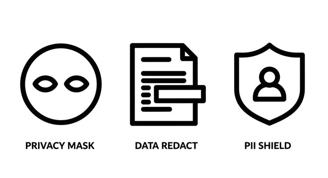Personal information security icons for privacy protection including mask redaction and data shield with security protection personal information anonymity encryption identity confidentiality