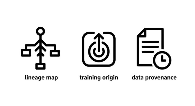 Data science lineage mapping and origin tracking icons with training provenance information tracking document analysis database infrastructure development structure metadata research