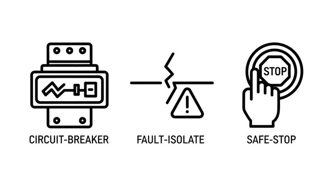 Electrical safety icons representing circuit breaker fault isolation and safe stop with isolation electrical engineering emergency protection maintenance technical industrial infrastructure