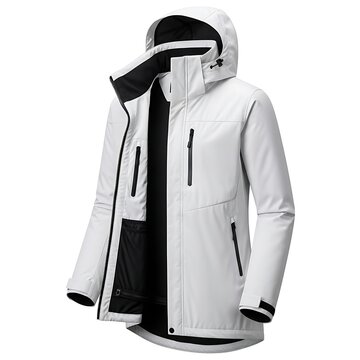 White hooded softshell jacket with black zipper details, isolated on a plain white background, front view of outdoor winter sportswear