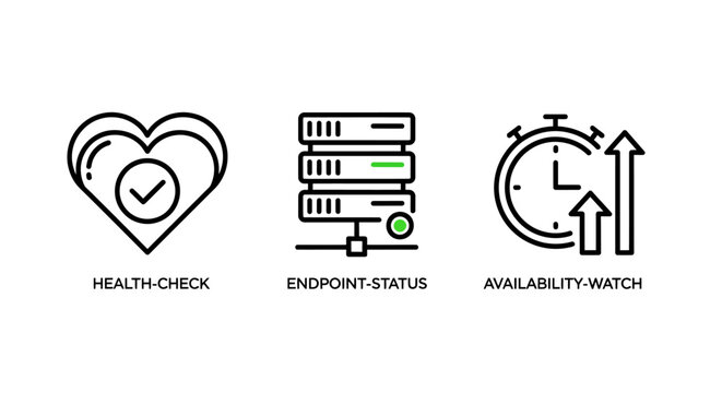 Set of server monitoring and website performance icons including health check endpoint status and availability watch with endpoint availability monitoring performance infrastructure optimization