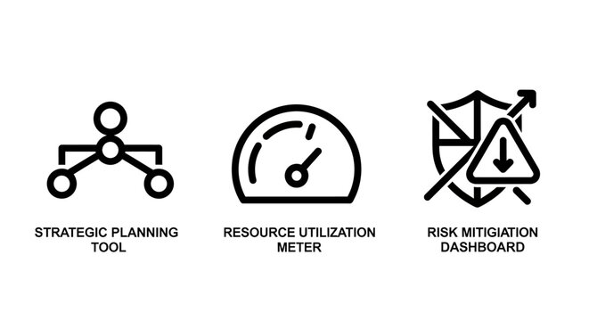 Business process management line icons set for strategic planning resource utilization and risk mitigation with business planning strategy management mitigation resource utilization dashboard