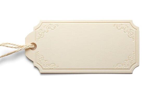 Blank beige rectangular price tag with twine string on white background.