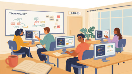 Naklejka premium Group of students attentively listening to a teacher in a modern classroom Vector