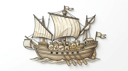 Vintage Sailing Ship Illustration with Rowers and Sails. © Riki