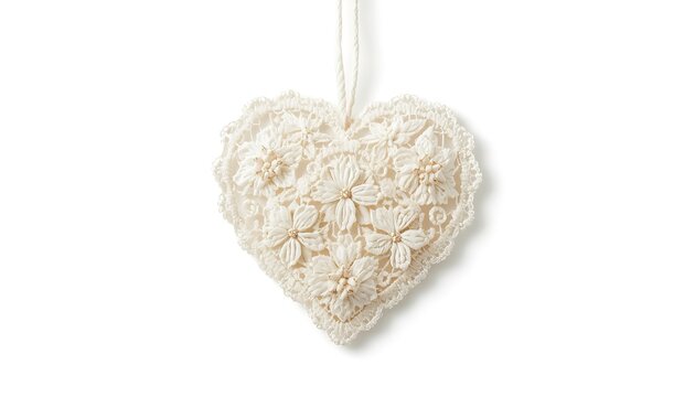 Beautiful handmade fabric heart ornament with lace and floral details.