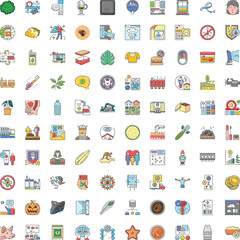 Fototapeta premium Large set of diverse outline icons covering themes like food, health, technology, science, business, nature, education, home, and lifestyle on a white background