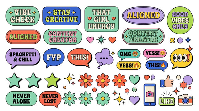 Retro Y2K Sticker Pack with Trendy Slogans and Social Media Icons.
