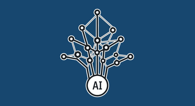 Conceptual artificial intelligence network tree on blue background