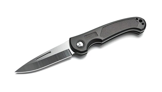 Modern tactical folding pocket knife with black handle on white background.