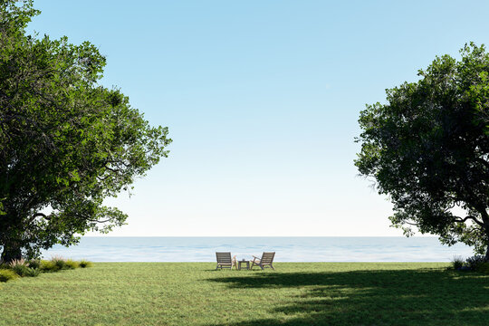 3d render of a peaceful seaside lawn with wooden chairs overlooking the calm ocean