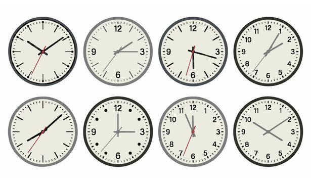 Minimalist Wall Clock Template Set with Realistic Office Clock Faces and Editable Hands Vector Illustration