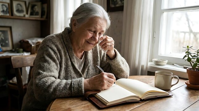 Elderly woman writes in journal at table with natural light