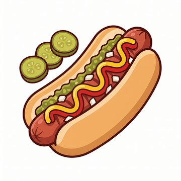 Tasty hot dog with ketchup, mustard, relish and pickles