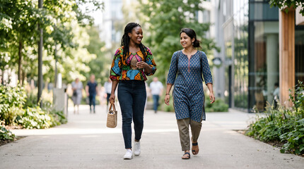Obraz premium Two people with different cultural styles walking side by side, soft natural light, blurred simple background, modern inclusive lifestyle advertising scene 