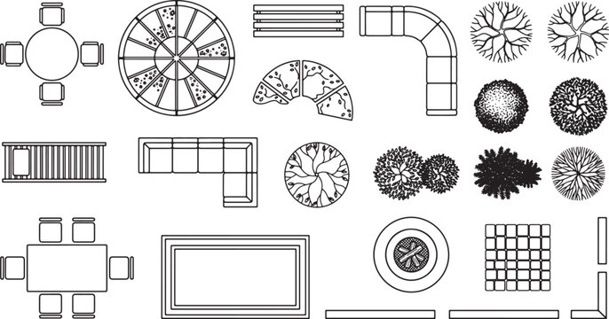 Architectural landscape design elements set with furniture and trees in top view for floor plan projects