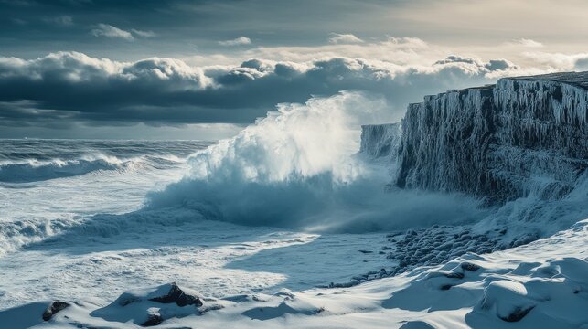 Crashing waves break against a frozen cliffside under a dramatic cloudy sky.