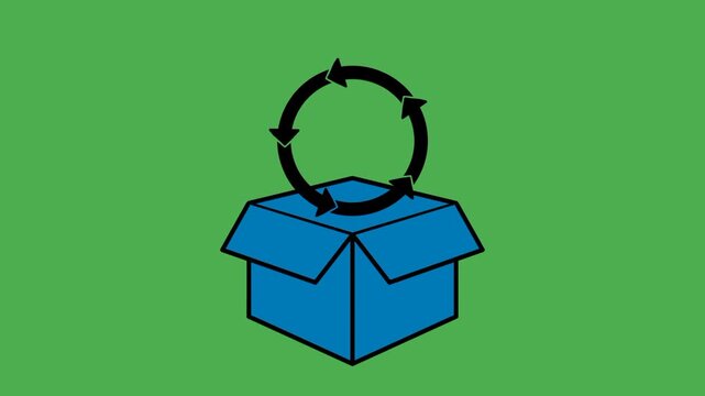 Continuous deployment icon featuring circular arrows emerging from open cardboard box. Visual representation of automated software release and deployment process.