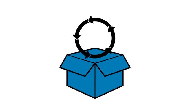 Continuous deployment icon featuring circular arrows emerging from open cardboard box. Visual representation of automated software release and deployment process.