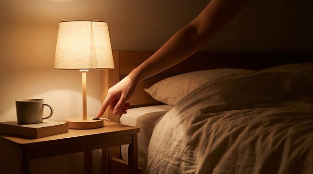 Hand turning off bedside lamp in dark bedroom at night