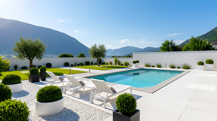 Fototapeta premium Modern luxury poolside patio with sun loungers and mountain view on a sunny day