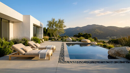 Fototapeta premium Luxury villa terrace with swimming pool and mountain landscape view