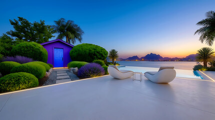Fototapeta premium Luxury tropical villa terrace with infinity pool and sunset ocean view