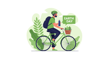 Fototapeta premium Man riding bicycle with plants and Earth Day message.
