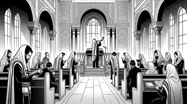 Congregation praying during a religious service in a synagogue