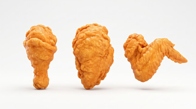 Three pieces of fried chicken floating on white background