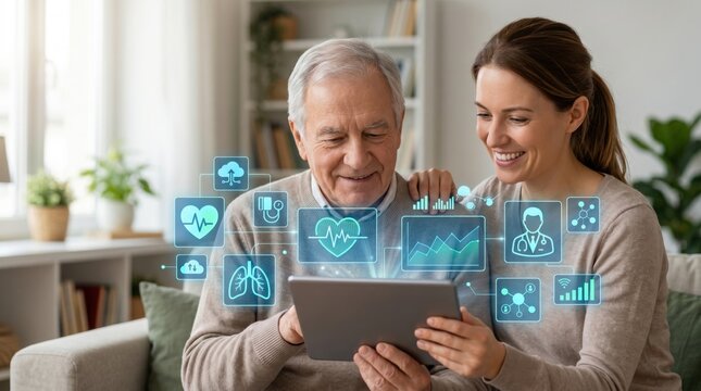 Happy senior man and adult daughter using tablet with health monitoring app icons, telemedicine and elderly care concept