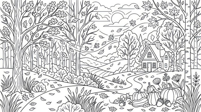 Cozy countryside house surrounded by autumn harvest and falling leaves