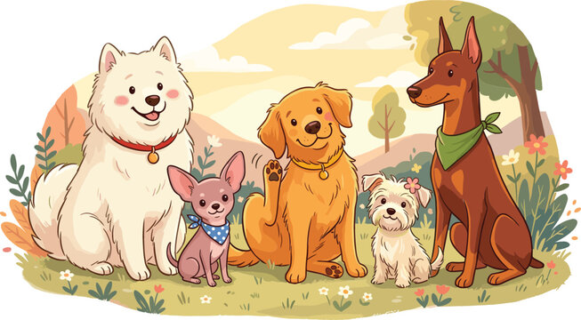 Cute Cartoon Dogs and Puppies Group Sitting Together in a Sunny Park with Flowers Vector Illustration for Kids Books and Cards