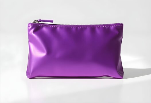 Sleek and vibrant purple zippered pouch for everyday essentials, photographed on a crisp white background showcasing its smooth texture and functional design