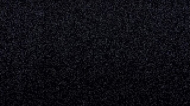 Monochrome Digital Matrix Rain Background with Falling White Binary Code and Particles on Black