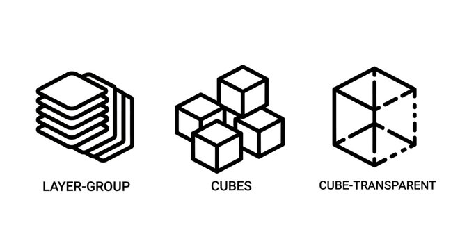 3D layer group and geometric cube structure icons set representing digital modeling and spatial concepts with geometric structure transparent modeling graphics perspective architecture abstract