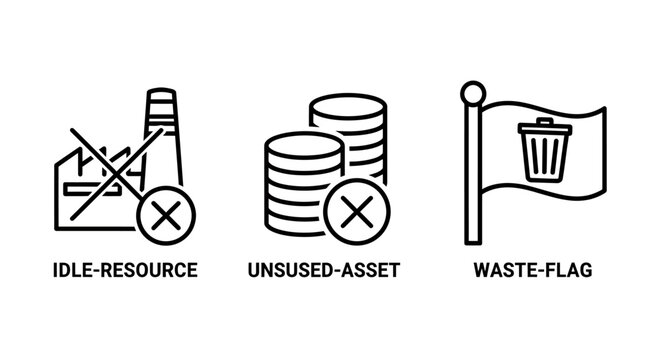 Industrial resource management icons illustrating idle resources unused assets and waste flagging with resource industry management business efficiency production optimization corporate