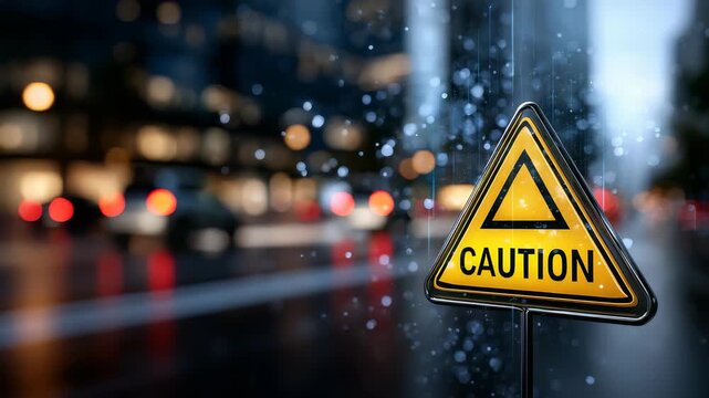 A yellow caution sign warns pedestrians and drivers in a modern city environment during a rainy evening. Reflections and blurred city lights create a dramatic, moody urban atmosphere
