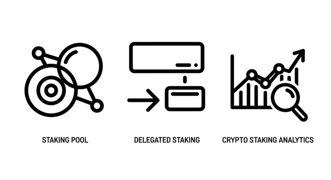 Crypto staking pool and delegated analytics network icons with delegated blockchain analytics currency investment technology decentralized validator transaction internet business strategy