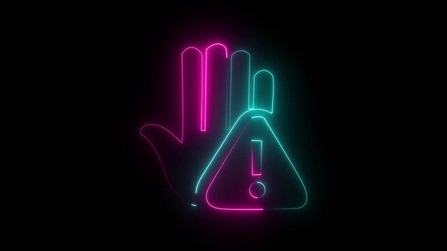 Neon glowing hand and alert or Worning icon animation.