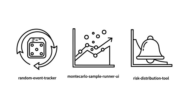 Business and technical data monitoring icon set including random crowd tracker monte carlo sample runner alert threshold analysis business threshold accuracy automaton calculation