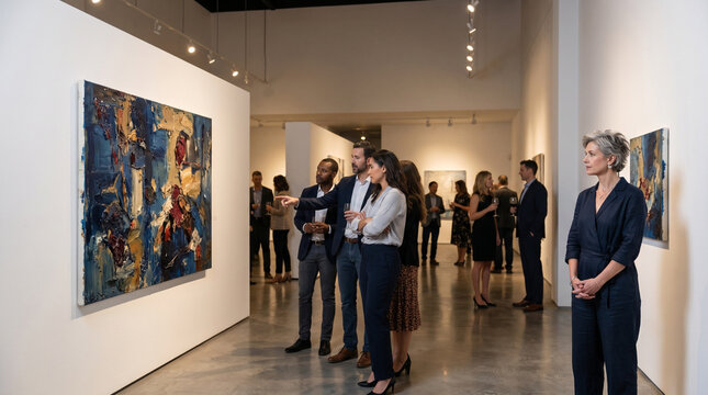 Group of people looking at abstract paintings in an art gallery exhibition