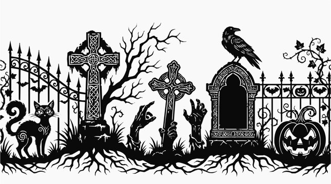 Spooky cemetery scene with monochrome fence patterns, halloween silhouette graveyard border, zombie hands rising from the earth, and a gothic black
