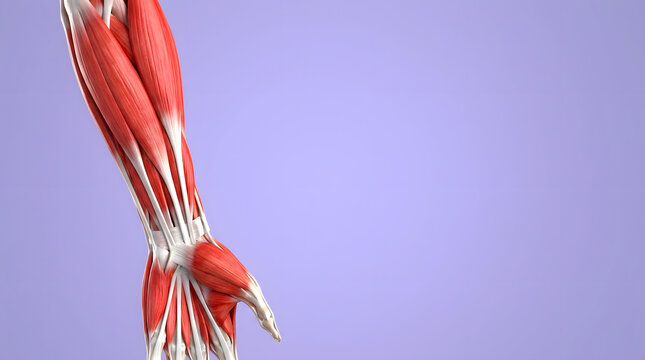 Human forearm anatomy showing detailed muscle structure with tendons and ligaments against a clean light purple background studio setting
