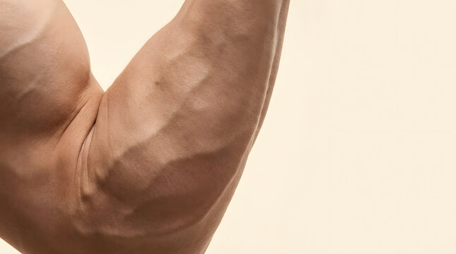 Muscular arm showing defined biceps and triceps muscles with visible veins against a plain light beige studio background area