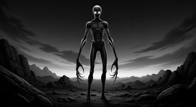 Monstrous alien creature with long claws in dark landscape.