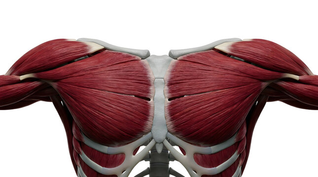 Human chest muscles anatomy showing pectoralis major and rib cage structure in a detailed medical 3D rendering against white background