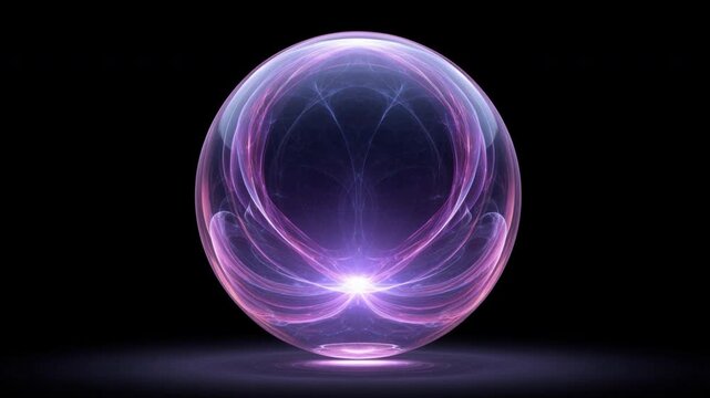 Glowing transparent sphere with swirling pink and purple light patterns inside floating on dark background creating mystical and futuristic abstract visual effect