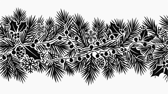 Elegant Christmas garland with pine branches, holly leaves, and pinecone elements in a horizontal winter border silhouette for festive holiday decor.